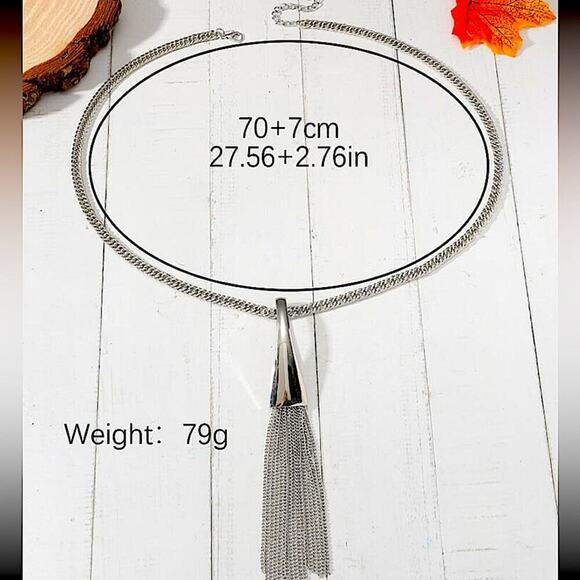 Silver Y Lariat Necklace, Multi-strand, Tassel, Chain Link Statement, Boho - Picture 2 of 3